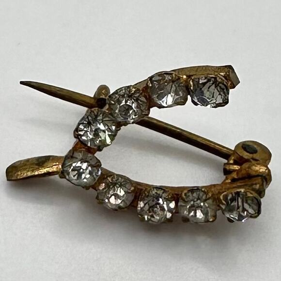 Antique Victorian gold gilt clear glass paste rhinestones dainty wishbone brooch - Picture 3 of 8